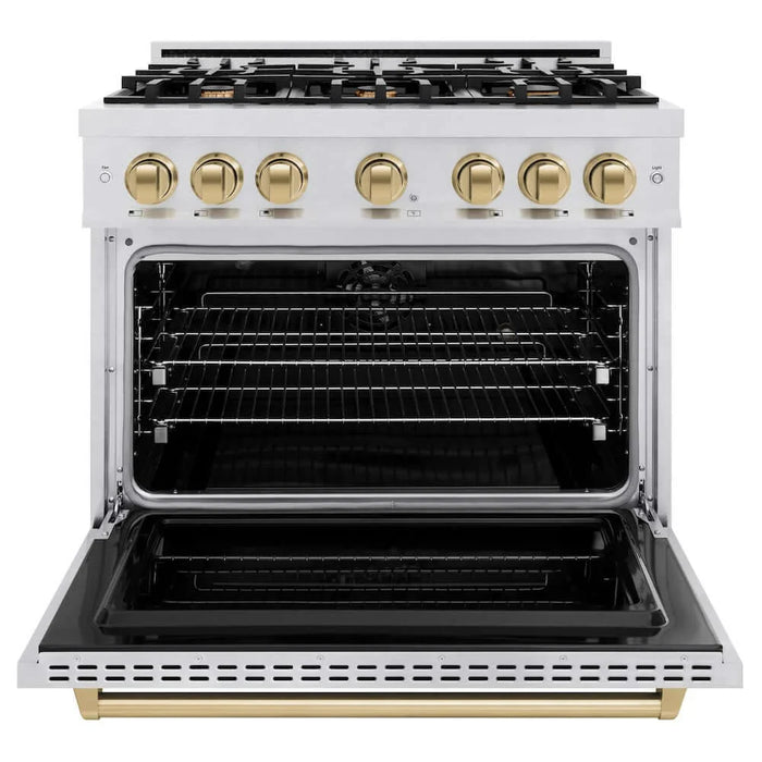 ZLINE 36" Dual Fuel Range, Gas Cooktop, Electric Convection Oven DuraSnow® Stainless Steel, Champagne Bronze CDRSZ-36-CB