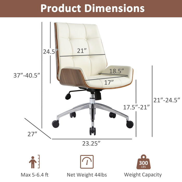 Executive Office Chair with Adjustable Height and Tilt, Solid Wood Arms and Base, 360° Swivel - Leather Office Chair, White