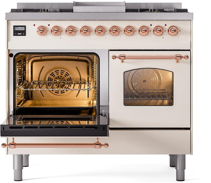 ILVE Nostalgie II 40" Dual Fuel Liquid Propane Range, Antique White, Copper Trim UPD40FNMPAWPLP