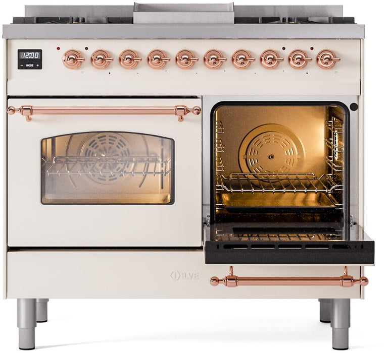 ILVE Nostalgie II 40" Dual Fuel Liquid Propane Range, Antique White, Copper Trim UPD40FNMPAWPLP