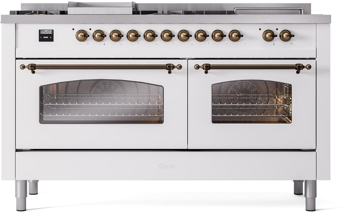 ILVE Nostalgie II 60" Dual Fuel Natural Gas Range, White, Bronze Trim UP60FSNMPWHB