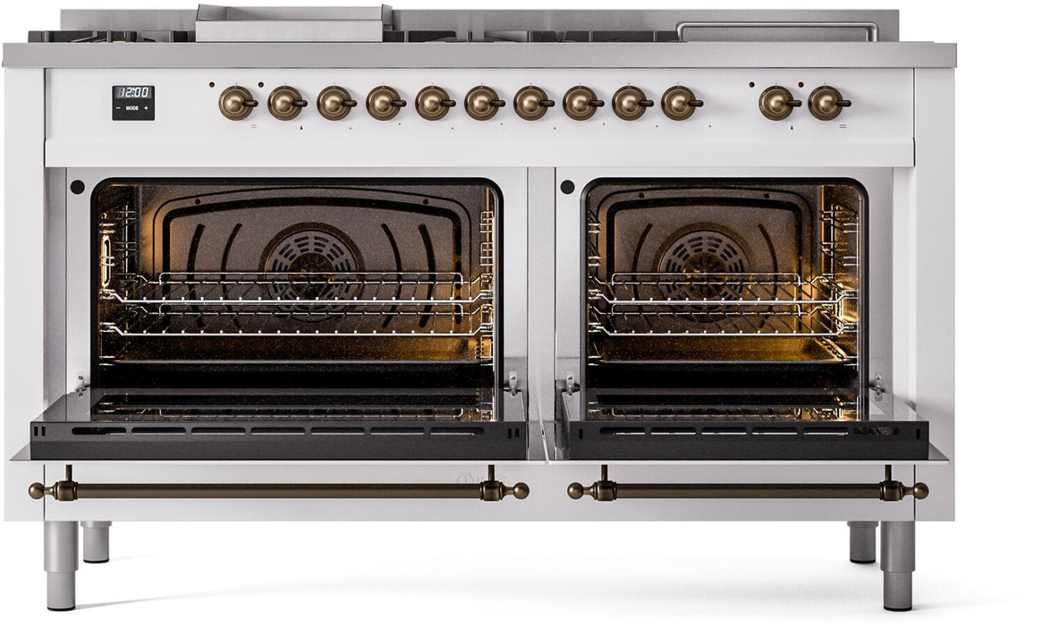 ILVE Nostalgie II 60" Dual Fuel Natural Gas Range, White, Bronze Trim UP60FSNMPWHB