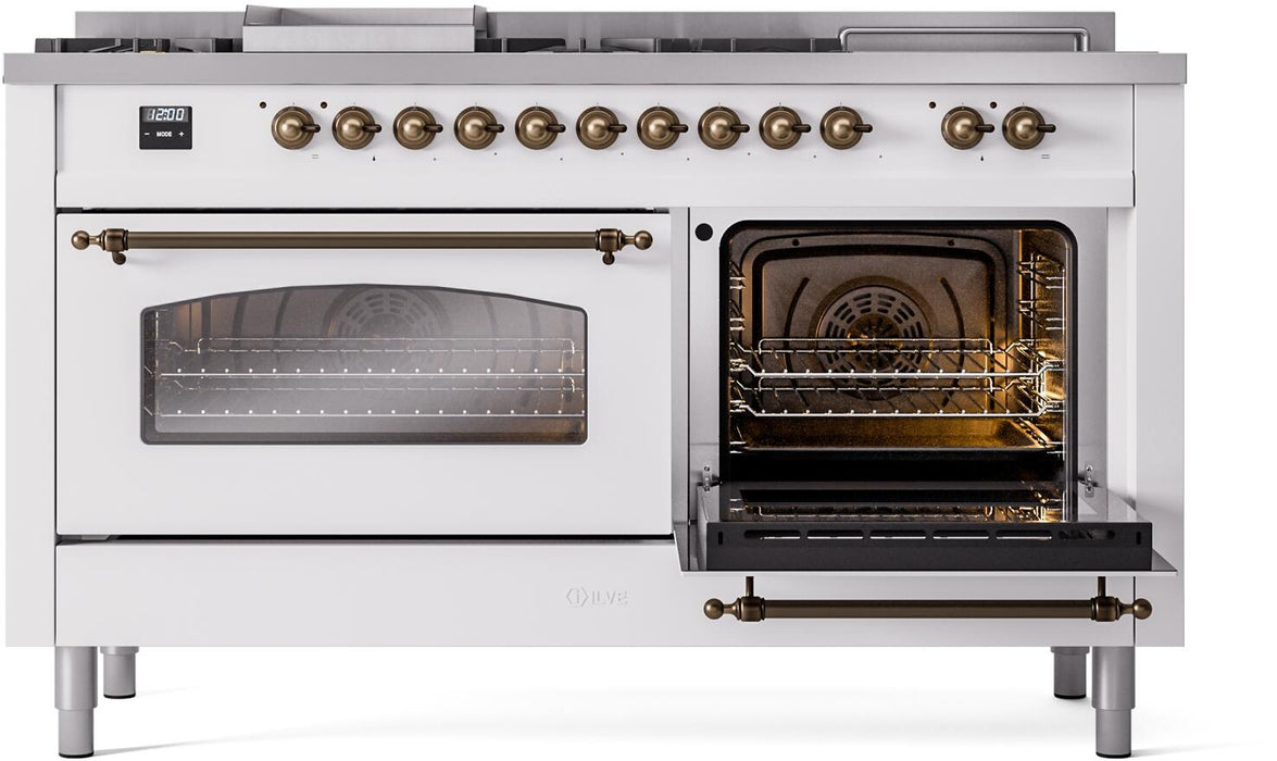 ILVE Nostalgie II 60" Dual Fuel Natural Gas Range, White, Bronze Trim UP60FSNMPWHB