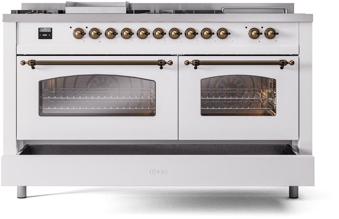ILVE Nostalgie II 60" Dual Fuel Natural Gas Range, White, Bronze Trim UP60FSNMPWHB