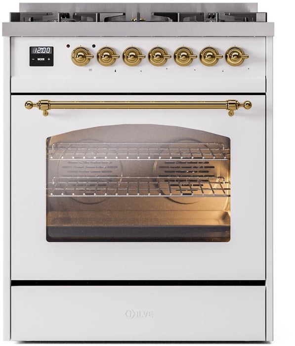 ILVE Nostalgie II 30" Dual Fuel Liquid Propane Range, White, Brass Trim UP30NMPWHGLP