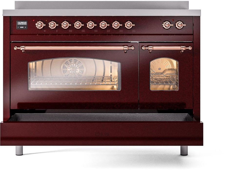 ILVE Nostalgie II 48" Electric Range, Burgundy, Copper Trim UPI486NMPBUP