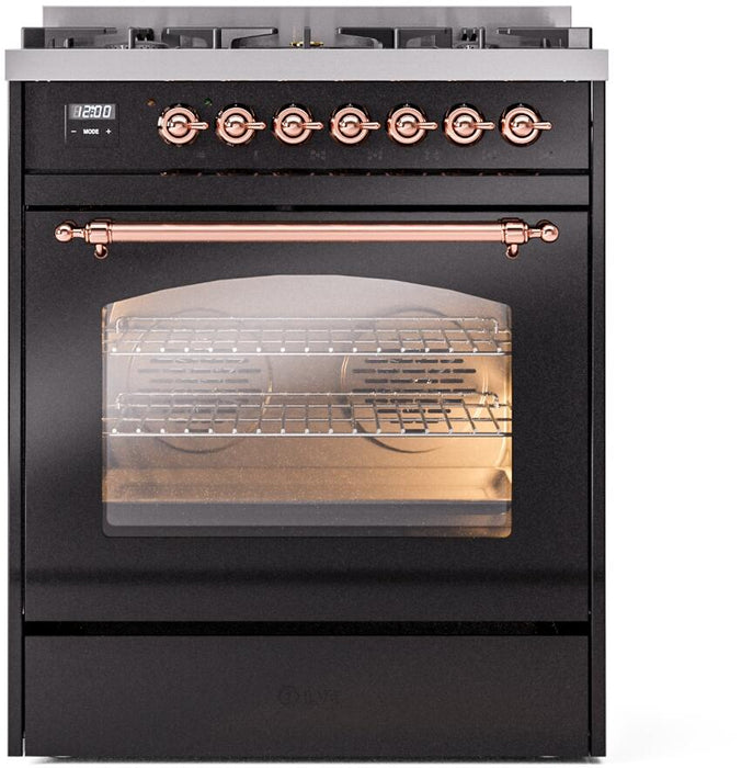 ILVE Nostalgie II 30" Dual Fuel Liquid Propane Range, Glossy Black, Copper Trim UP30NMPBKPLP