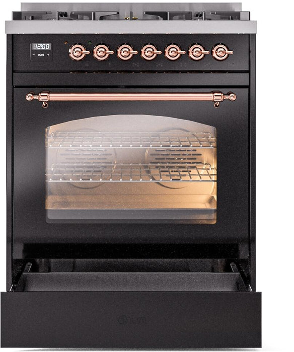 ILVE Nostalgie II 30" Dual Fuel Liquid Propane Range, Glossy Black, Copper Trim UP30NMPBKPLP
