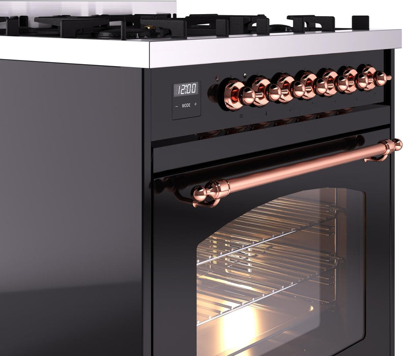 ILVE Nostalgie II 30" Dual Fuel Liquid Propane Range, Glossy Black, Copper Trim UP30NMPBKPLP