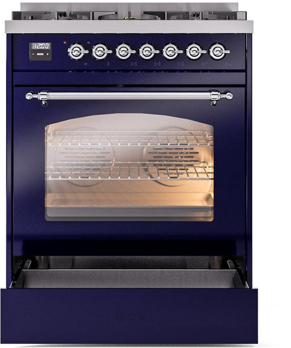 ILVE Nostalgie II 30" Dual Fuel Liquid Propane Range, Blue, Chrome Trim UP30NMPMBCLP