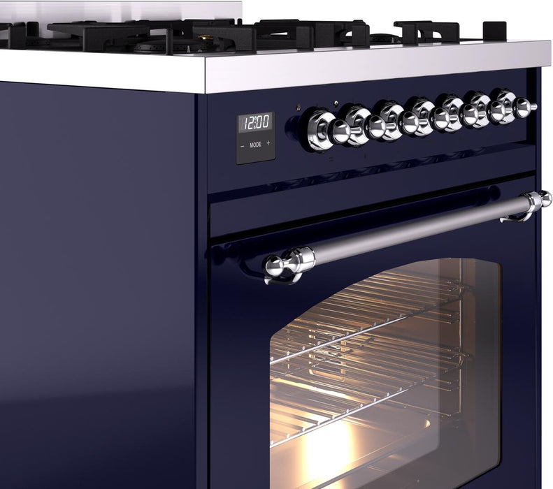 ILVE Nostalgie II 30" Dual Fuel Liquid Propane Range, Blue, Chrome Trim UP30NMPMBCLP