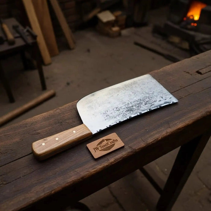 Hand-Forged 9-Inch Kitchen Cleaver with Natural Wood Handle and Filework Spine (14-Inch Overall)