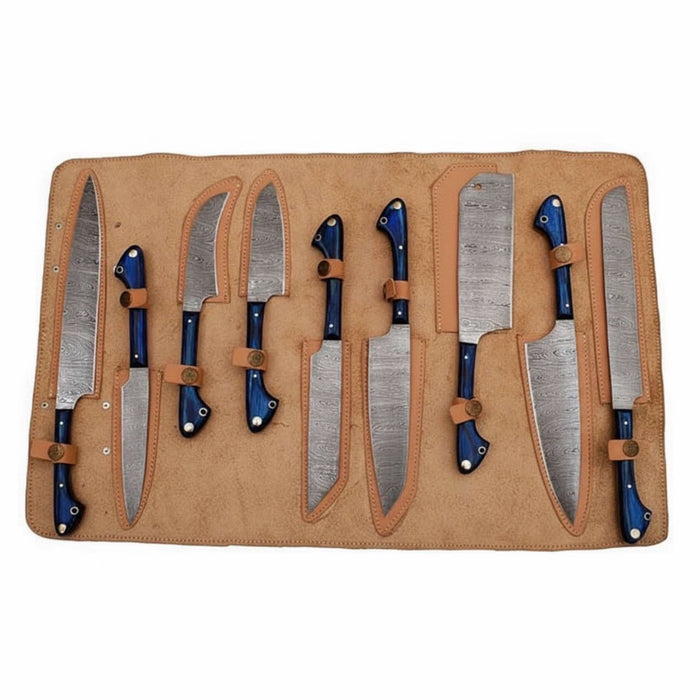 9-Piece Damascus Kitchen Knife Set with Leather Roll, Chef, Santoku, Nakiri, Bread, Utility, Boning and Paring Knives, Blue Handle Full Tang, JW SteelCrafts