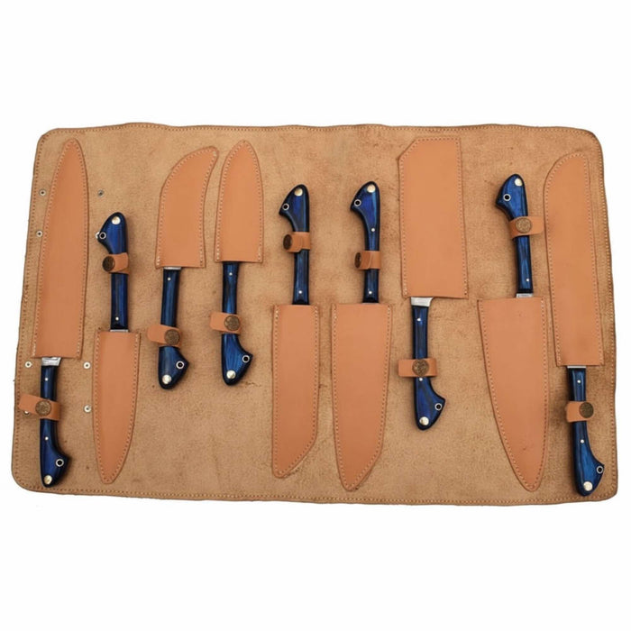 9-Piece Damascus Kitchen Knife Set with Leather Roll, Chef, Santoku, Nakiri, Bread, Utility, Boning and Paring Knives, Blue Handle Full Tang, JW SteelCrafts