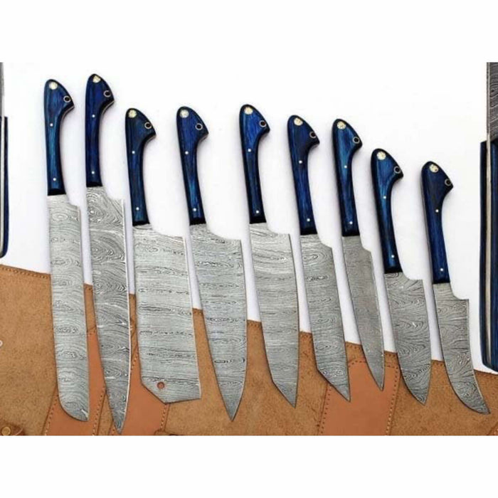 9-Piece Damascus Kitchen Knife Set with Leather Roll, Chef, Santoku, Nakiri, Bread, Utility, Boning and Paring Knives, Blue Handle Full Tang, JW SteelCrafts