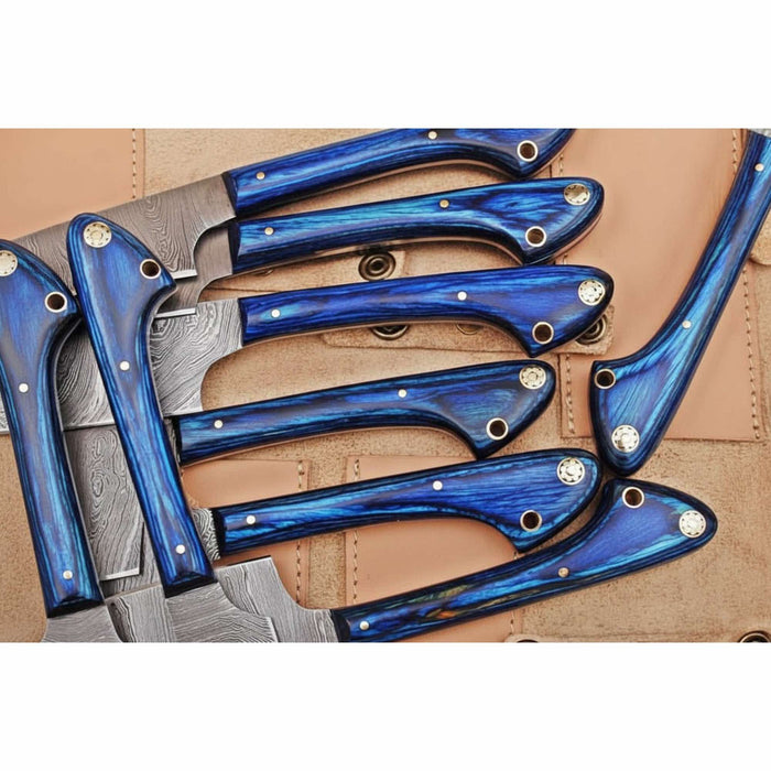 9-Piece Damascus Kitchen Knife Set with Leather Roll, Chef, Santoku, Nakiri, Bread, Utility, Boning and Paring Knives, Blue Handle Full Tang, JW SteelCrafts