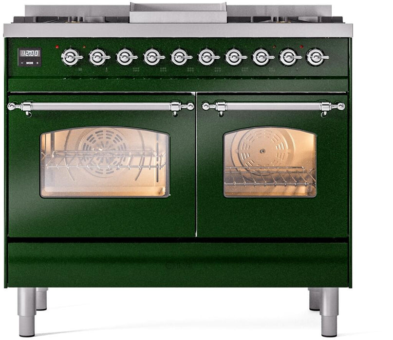 ILVE Nostalgie II 40" Dual Fuel Liquid Propane Range, Emerald Green, Chrome Trim UPD40FNMPEGCLP