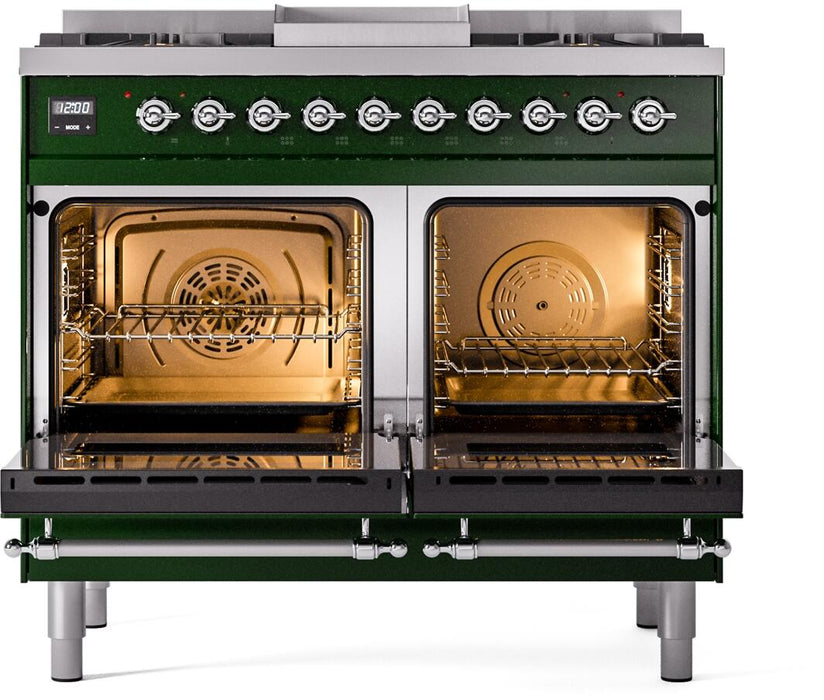 ILVE Nostalgie II 40" Dual Fuel Liquid Propane Range, Emerald Green, Chrome Trim UPD40FNMPEGCLP