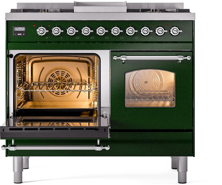 ILVE Nostalgie II 40" Dual Fuel Liquid Propane Range, Emerald Green, Chrome Trim UPD40FNMPEGCLP