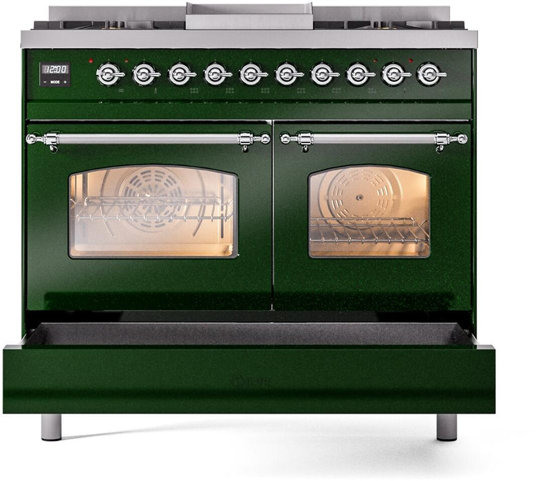 ILVE Nostalgie II 40" Dual Fuel Liquid Propane Range, Emerald Green, Chrome Trim UPD40FNMPEGCLP