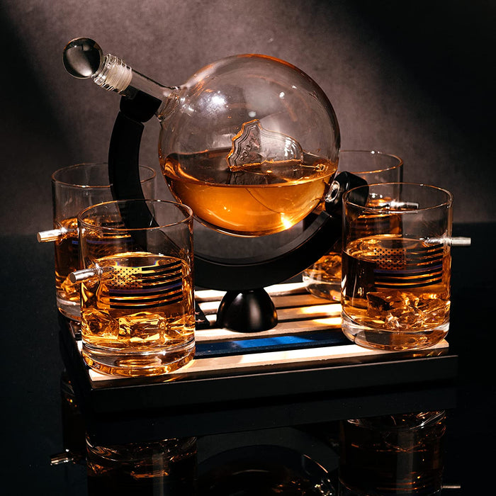 Police Officers Decanter - Whiskey and Wine Set 850ml & Four 10oz Glasses, Thin Blue Line Flag Base - Law Enforcement Gifts, Police & Police Academy, Gift Set First Responders! Gifts for Dad