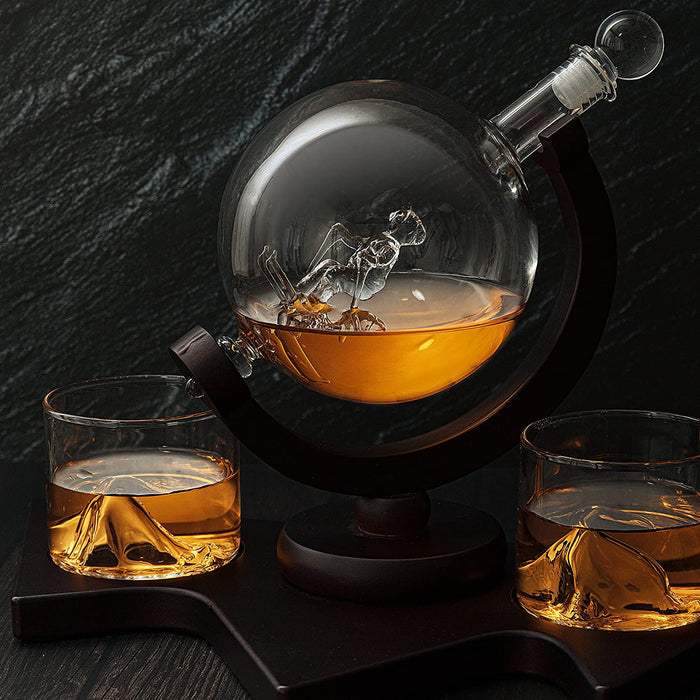 Ski Wine and Whiskey Decanter 850ml With 2 Glacier Mountain Glasses by The Wine Savant - 14" Long For Whiskey, Scotch, Wine - 850ml - Skier Gifts, Ski Gifts, Gifts for Ski Enthusiasts, Ski Lover Gifts