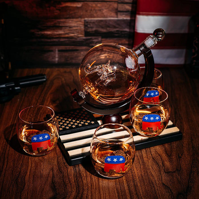 Republican Party Wine & Whiskey Decanter Set, Proud Republicans Vote Red Election Decor, Washington DC Politics Gift, 750ml US Flag & 4 Glasses - Elephant Logo, RNC Gifts, Senate, House & President