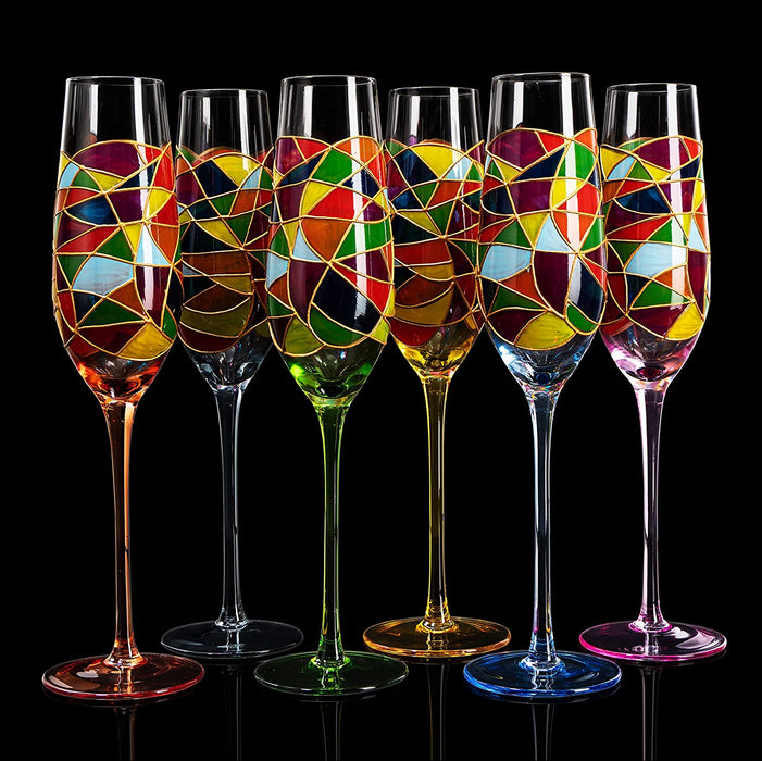 Stained Glass Champagne Flutes Set of 6 Hand Painted - Wine Savant - Hand Blown 7 Ounce Colorful Renaissance Champagne Glasses - 10.2" Tall, 2.7" Diameter Rainbow Multicolor Design Glassware
