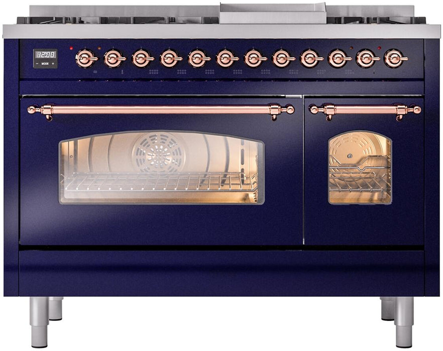 ILVE Nostalgie II 48" Dual Fuel Liquid Propane Range, Blue, Copper Trim UP48FNMPMBPLP