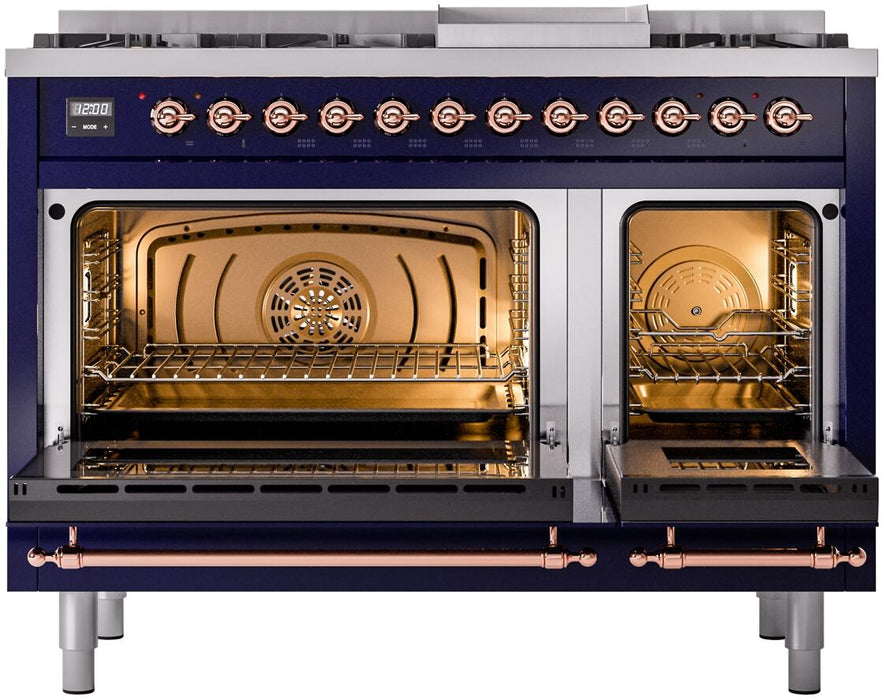 ILVE Nostalgie II 48" Dual Fuel Liquid Propane Range, Blue, Copper Trim UP48FNMPMBPLP