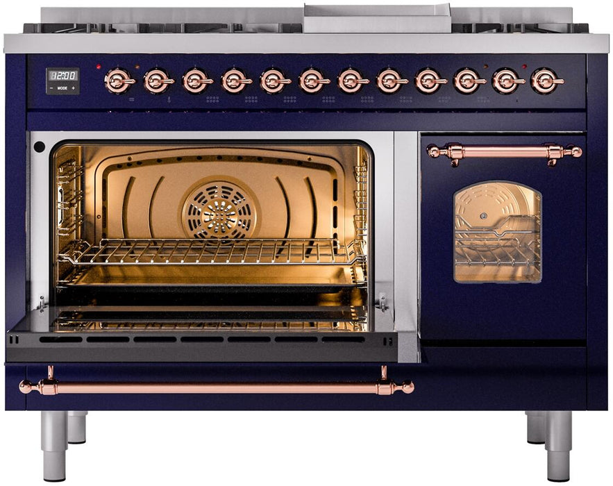 ILVE Nostalgie II 48" Dual Fuel Liquid Propane Range, Blue, Copper Trim UP48FNMPMBPLP