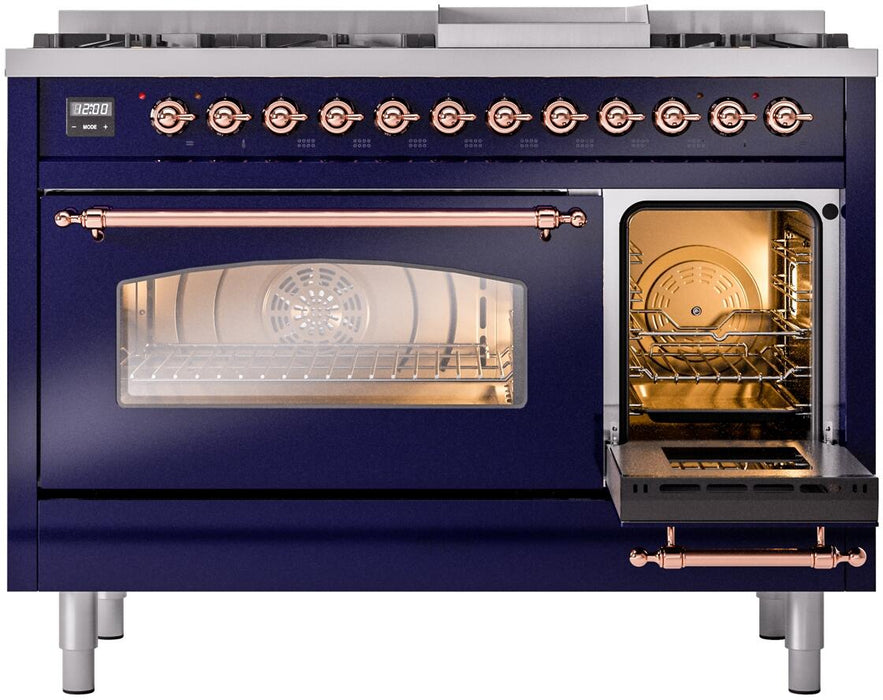 ILVE Nostalgie II 48" Dual Fuel Natural Gas Range, Blue, Copper Trim UP48FNMPMBP