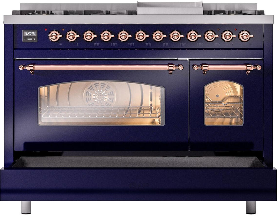 ILVE Nostalgie II 48" Dual Fuel Natural Gas Range, Blue, Copper Trim UP48FNMPMBP