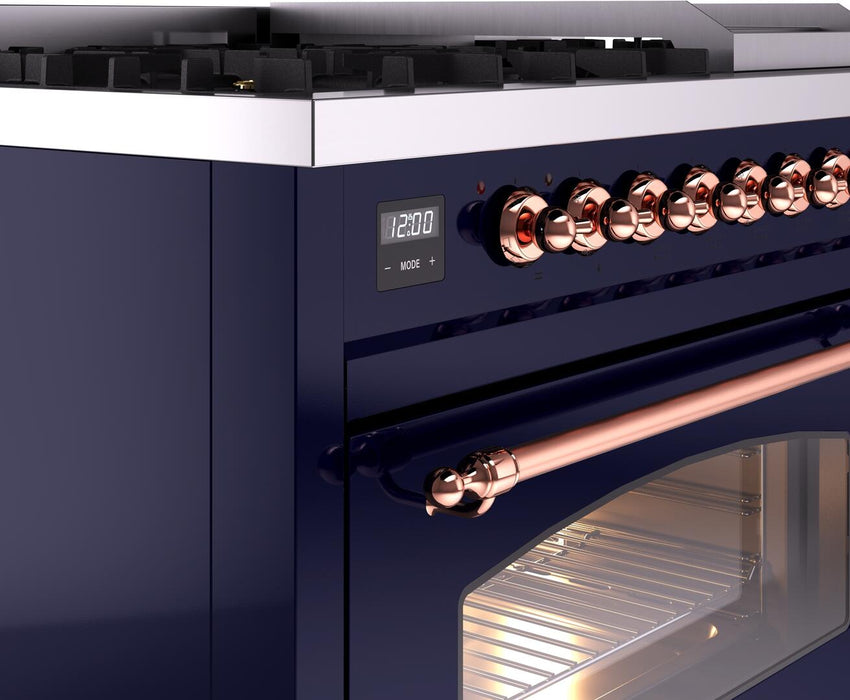 ILVE Nostalgie II 48" Dual Fuel Natural Gas Range, Blue, Copper Trim UP48FNMPMBP