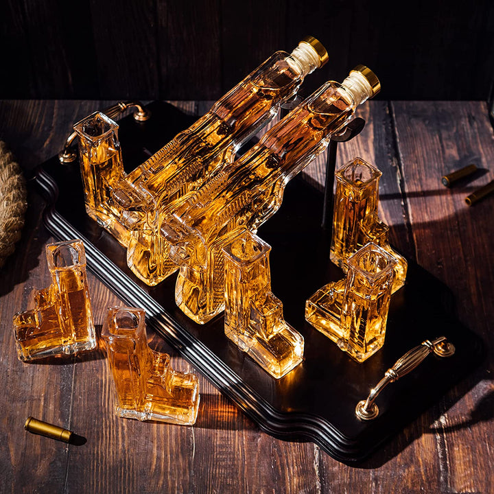 Pistol 2 Whiskey Decanters 300ML With 6 3OZ Pistol Shot Glasses
