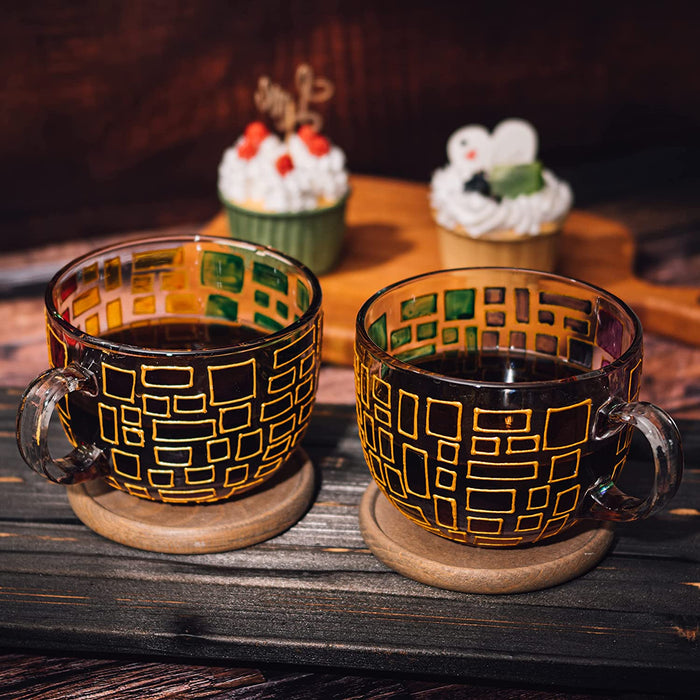 The Wine Savant Renaissance Stained Glass Windows Mugs, Artisanal Hand Painted Set of 2 - Gift Idea for Her, Him, Birthday, Mom, Housewarming - Art Deco Coffee and Tea Set 3.5" H X 4" W (Mugs)