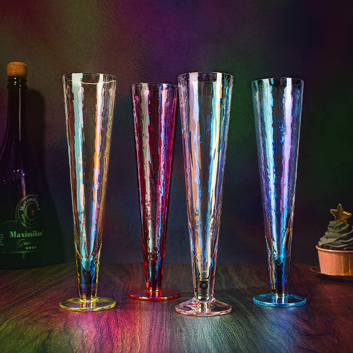 Champagne Flutes, Iridescent Crystal Glass, Holiday Iridescent Champagne Flutes - Set of 4 - 10" Stemmed Champagne Flute Romantic Toasting Colored Glasses, Mimosa Glassware, Weddings - 8 oz Capacity