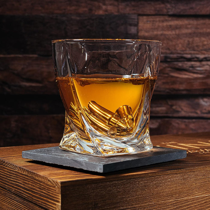 Luxurious Bar Gift Set - 2 Whiskey Glasses + 10 Bullets Chilling Stainless-Steel Whiskey Rocks - Slate Stone Coasters & Tongs - Set in Premium Wood Box by The Wine Savant - Birthday Gift - 11 oz Glass