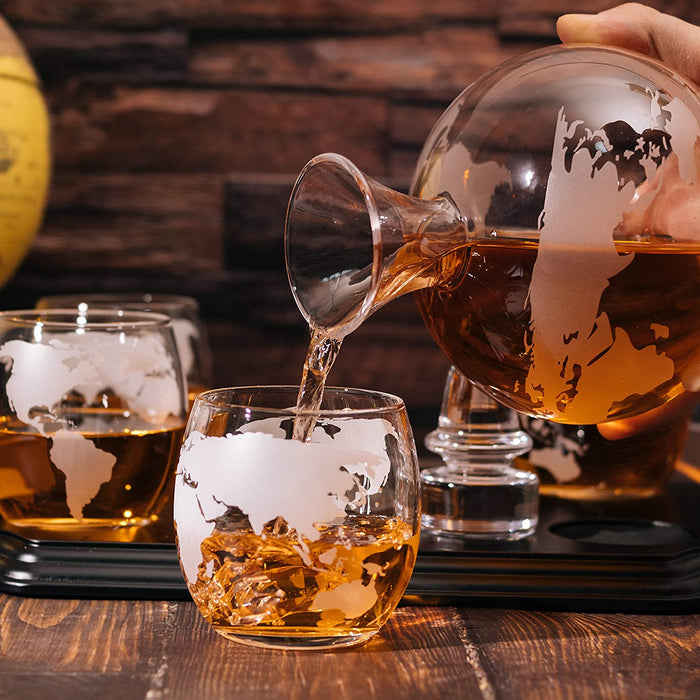 Etched World Map Globe Whiskey Decanter Set 750ml With 4 10oz Map Glasses 13" H x 13" L by The Wine Savant - Traveler Gifts, Home Bar, Whiskey Gifts, Cartography, Geography Gifts, Cosmopolitan Gifts