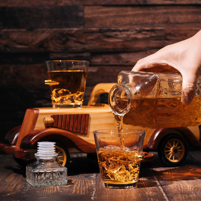 Old Fashioned Car Whiskey Decanter Set, Very Large 15" x 13" x 7" 750ml Decanter Spigot, and 2-10oz Whiskey Tumbler Old Fashion Glasses, Old Fashioned Vintage Car, Limited Edition, Great Bar Gift!