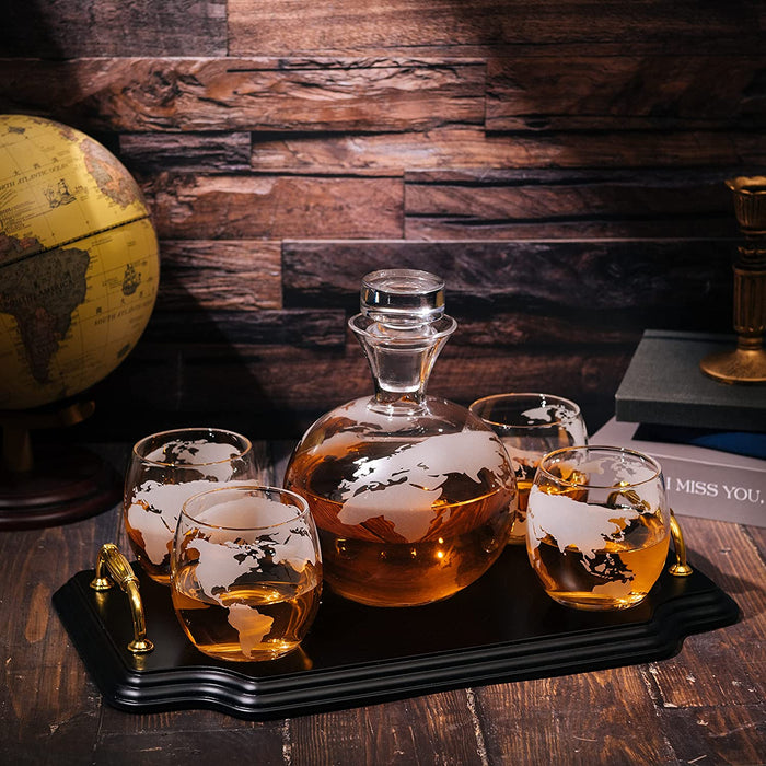 Etched World Map Globe Whiskey Decanter Set 750ml With 4 10oz Map Glasses 13" H x 13" L by The Wine Savant - Traveler Gifts, Home Bar, Whiskey Gifts, Cartography, Geography Gifts, Cosmopolitan Gifts