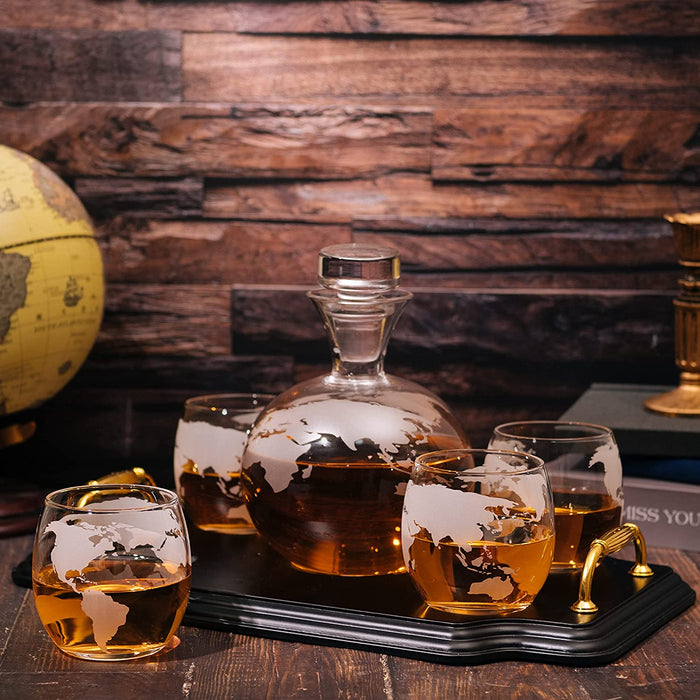 Etched World Map Globe Whiskey Decanter Set 750ml With 4 10oz Map Glasses 13" H x 13" L by The Wine Savant - Traveler Gifts, Home Bar, Whiskey Gifts, Cartography, Geography Gifts, Cosmopolitan Gifts