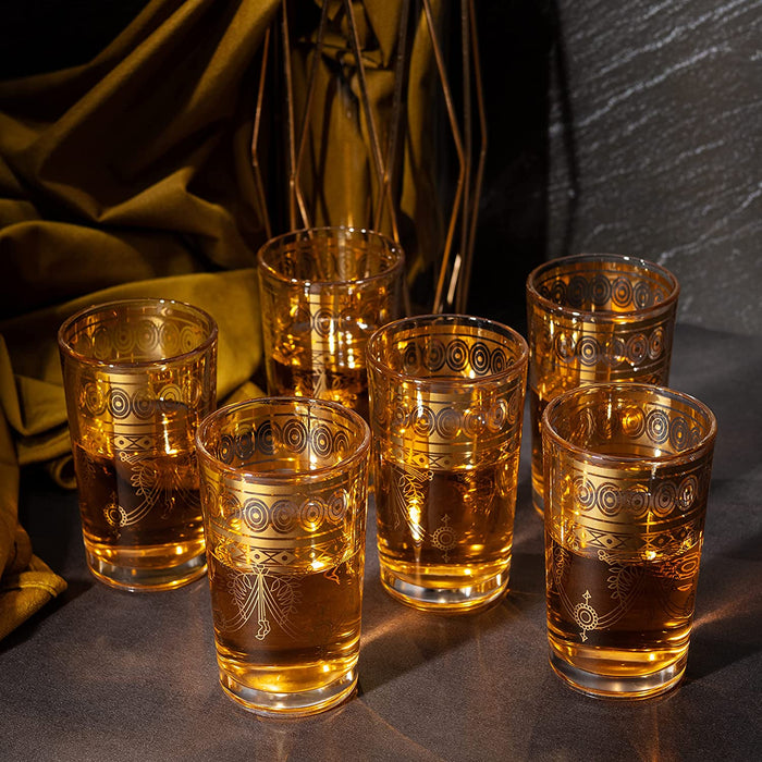 Gold Moroccan Glasses Artisan Hand-Made Multipurpose 220 ml 7.5 oz Tea and Wine Morrocan Tumbler Marrakech & Casablanca Tea Cups Set of 6, by The Wine Savant