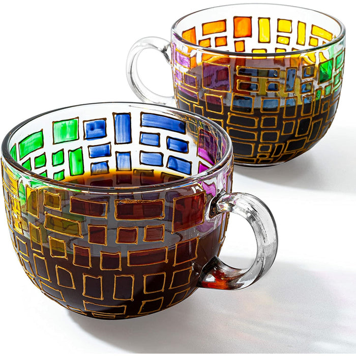 The Wine Savant Renaissance Stained Glass Windows Mugs, Artisanal Hand Painted Set of 2 - Gift Idea for Her, Him, Birthday, Mom, Housewarming - Art Deco Coffee and Tea Set 3.5" H X 4" W (Mugs)