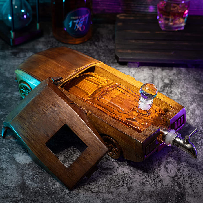 Car Wine & Whiskey Decanter Set 500ml by The Wine Savant 13" L - Wooden Car Figurine, Fastback Car Gifts, Bar Gifts, Parties, Birthdays