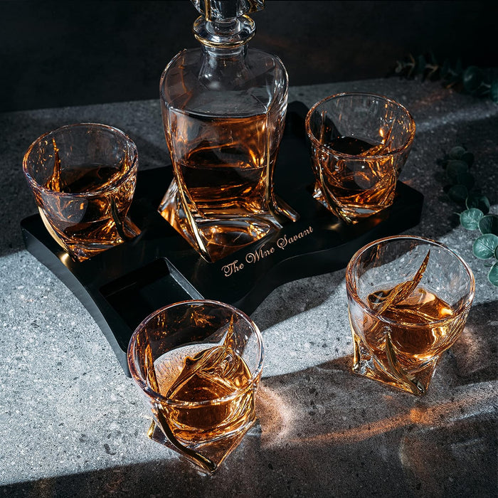 European Style Gold Wine & Whiskey Gold Twist Spiral Decanter 855ml with 4 Glasses & Wood Tray Set by The Wine Savant - For Home Bar Liquor, Spirits, Scotch, & Bourbon Gift for Him