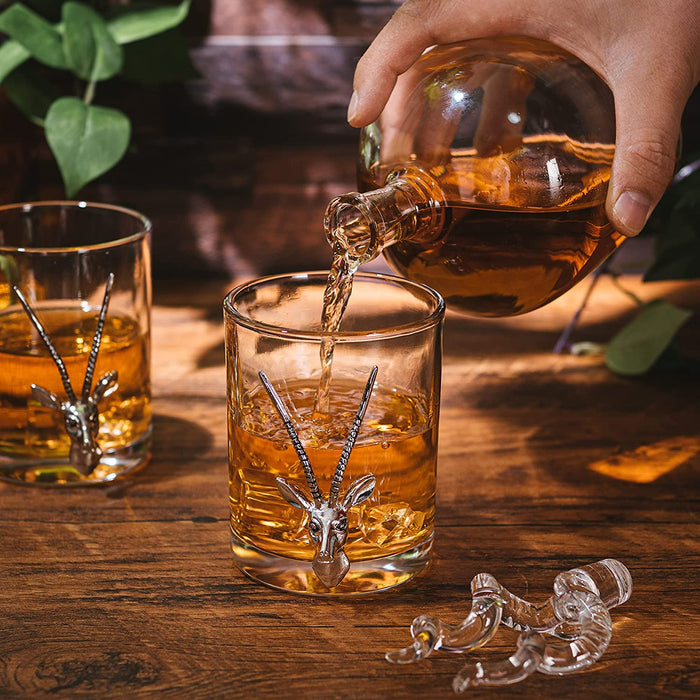 Stag Antler Whiskey Decanter Set 8.5" H with 2 Stag 12oz Glasses - Hunting Liquor Scotch Bourbon Gift for Him by The Wine Savant - Stag Deer Figurine, Hunter Gifts Luxury Decanter 750ml