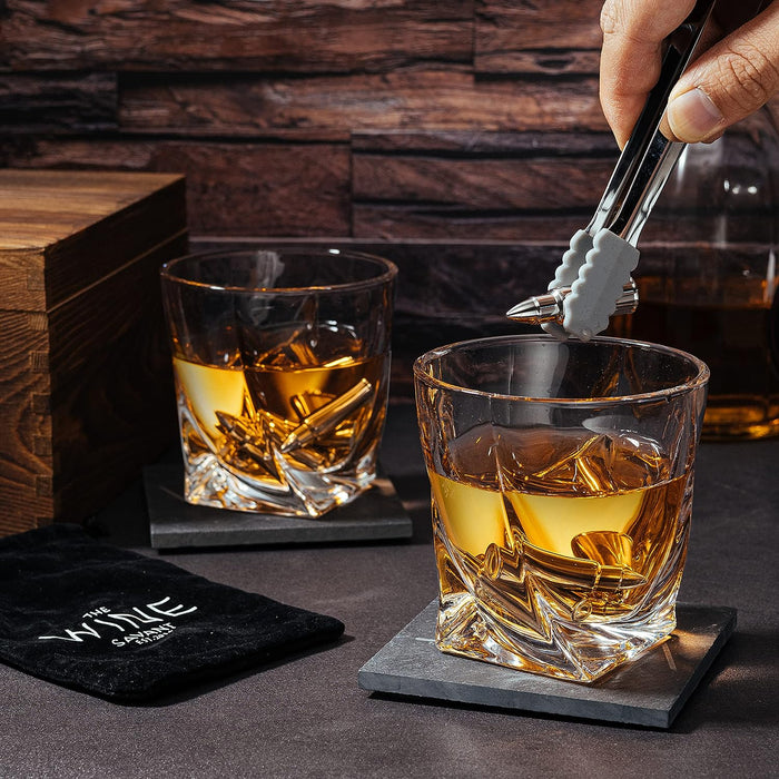 Luxurious Bar Gift Set - 2 Whiskey Glasses + 10 Bullets Chilling Stainless-Steel Whiskey Rocks - Slate Stone Coasters & Tongs - Set in Premium Wood Box by The Wine Savant - Birthday Gift - 11 oz Glass