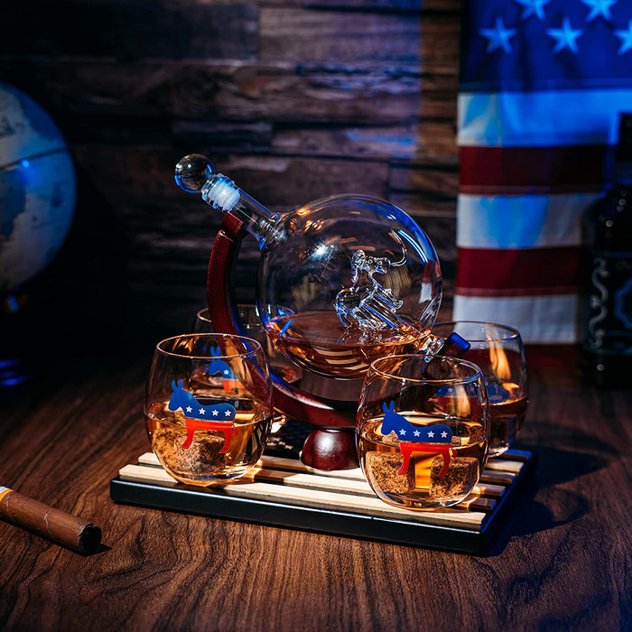 Democratic Party Wine & Whiskey Decanter Set, Proud Democrat Vote Blue Election Decor, Washington DC Politics Gift, 750ml With US Flag and 4 Glasses - Donkey Logo, DNC Gifts, Senate, House & President