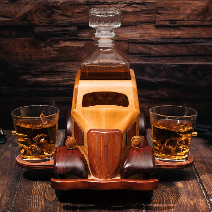 Old Fashioned Car Whiskey Decanter Set, Very Large 15" x 13" x 7" 750ml Decanter Spigot, and 2-10oz Whiskey Tumbler Old Fashion Glasses, Old Fashioned Vintage Car, Limited Edition, Great Bar Gift!